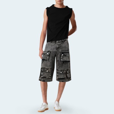 Multi-pocket wide-leg straight men's denim shorts