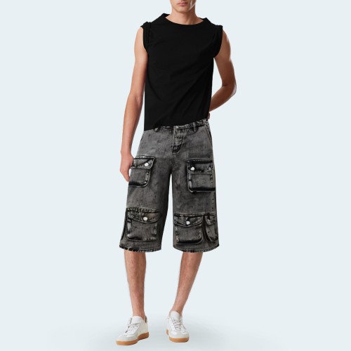 Multi-pocket wide-leg straight men's denim shorts
