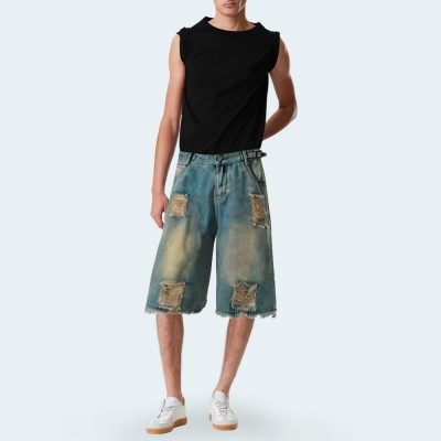 Washed ripped straight men's denim shorts
