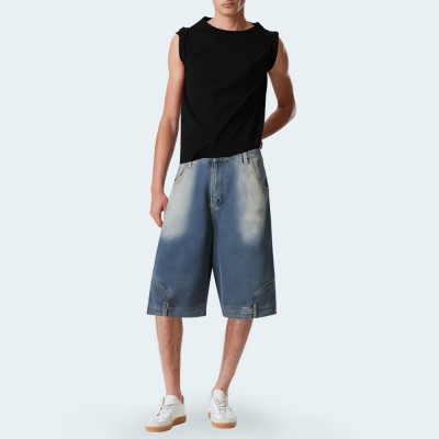 Distressed washed straight-leg men's denim shorts