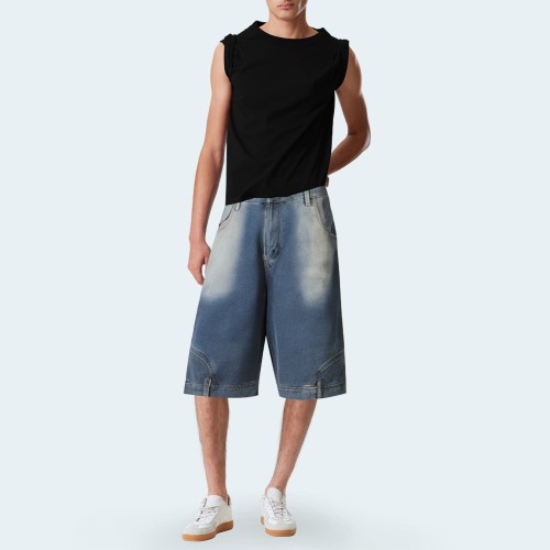 Distressed washed straight-leg men's denim shorts