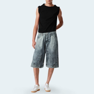 Washed loose wide-leg men's denim shorts