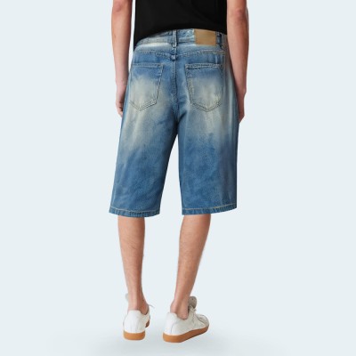 Blue loose straight fit men's denim shorts