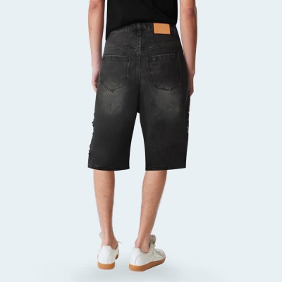 Black distressed wide-leg men's denim shorts