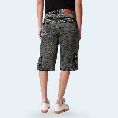 Multi-pocket wide-leg straight men's denim shorts