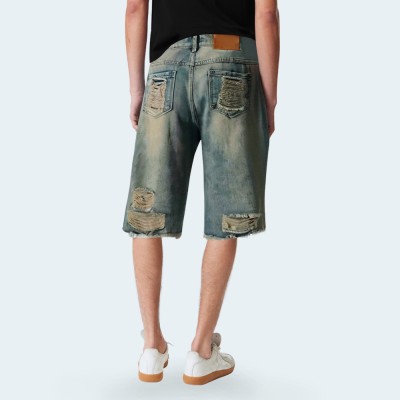Washed ripped straight men's denim shorts
