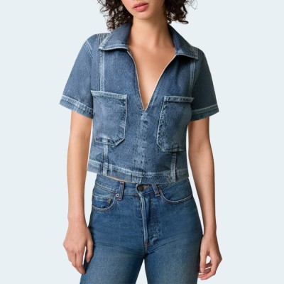 Fashion blue loose women's denim short sleeves