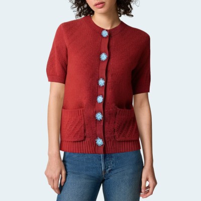Knitted button round neck women's short sleeves