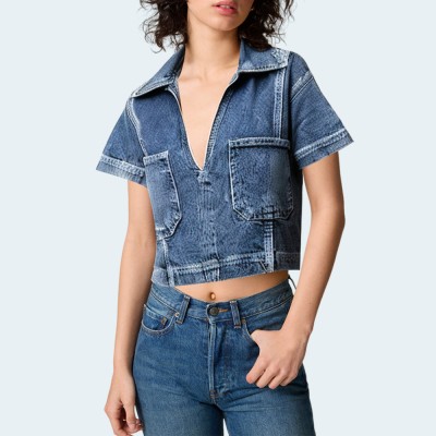 Fashion blue loose women's denim short sleeves