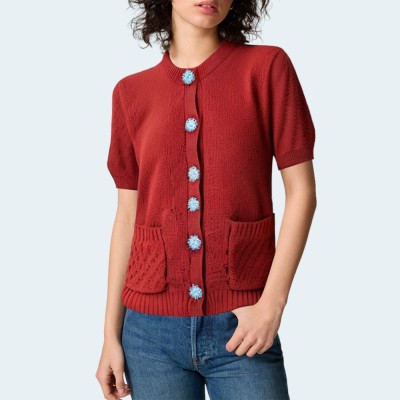 Knitted button round neck women's short sleeves