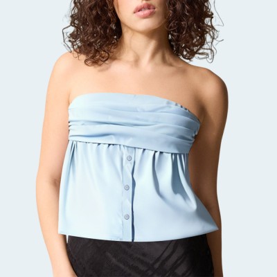 Blue elastic pleated women's sleeveless top