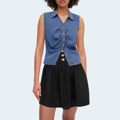 Women's ruched slim-fit sleeveless denim vest