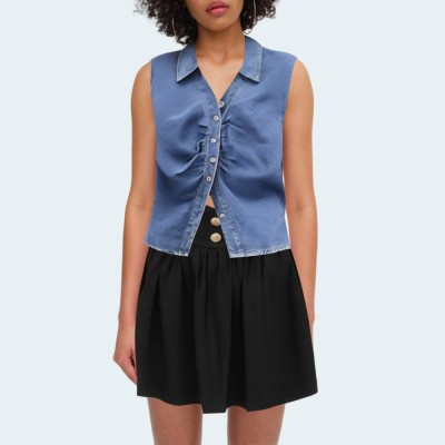 Women's ruched slim-fit sleeveless denim vest
