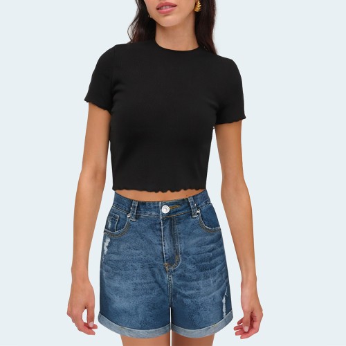 Stylish rolled hem ripped women's denim shorts