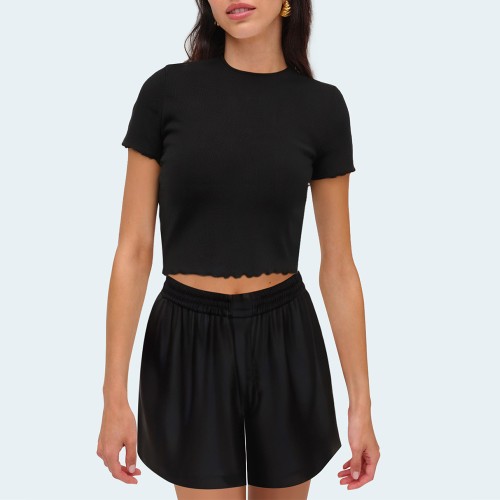 Black silky elastic waist women's shorts