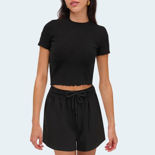 Casual black elastic waist women's shorts