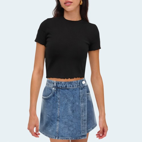 Washed and faded asymmetrical women's denim shorts