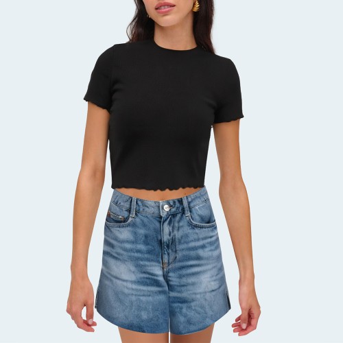 Washed slit straight leg women's denim shorts