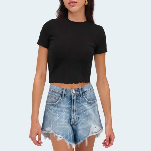 Rhinestone plaid raw edge women's denim shorts