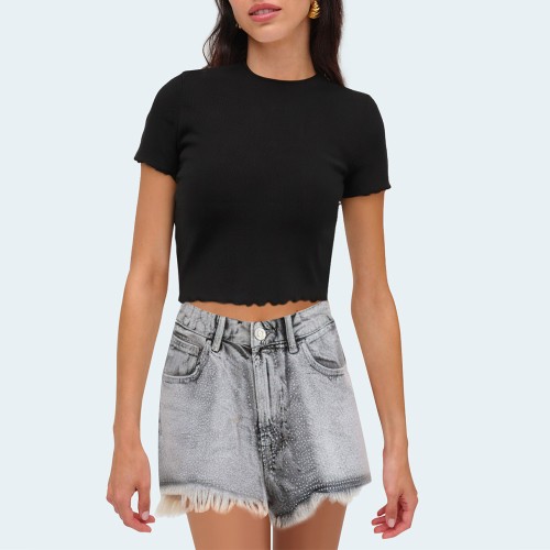 Gray rhinestone raw edge women's denim shorts
