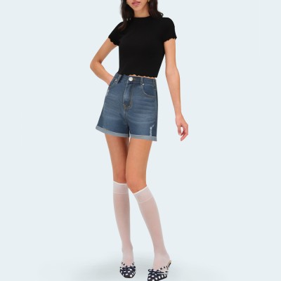 Stylish rolled hem ripped women's denim shorts