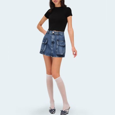 Blue high-waisted women's work denim shorts
