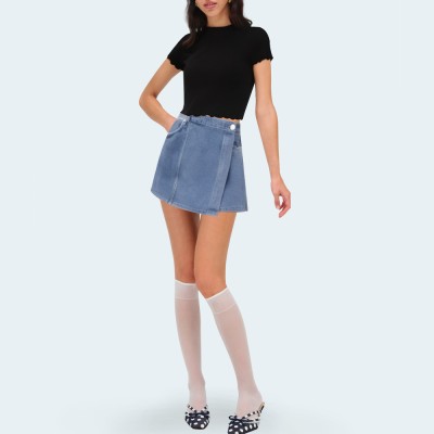 Washed and faded asymmetrical women's denim shorts