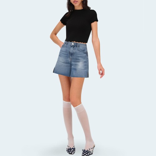 Washed slit straight leg women's denim shorts