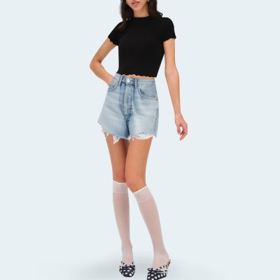 Women's washed rhinestone raw edge denim shorts