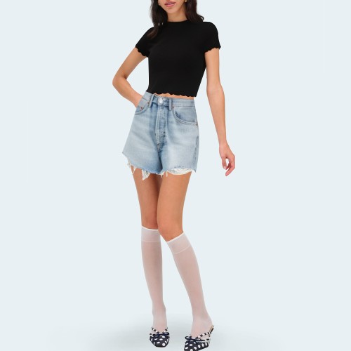 Women's washed rhinestone raw edge denim shorts