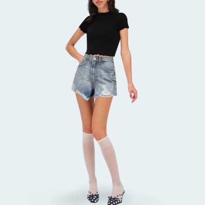 Rhinestone plaid raw edge women's denim shorts