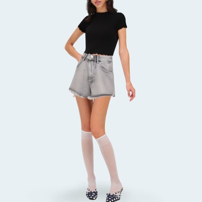 Gray rhinestone raw edge women's denim shorts