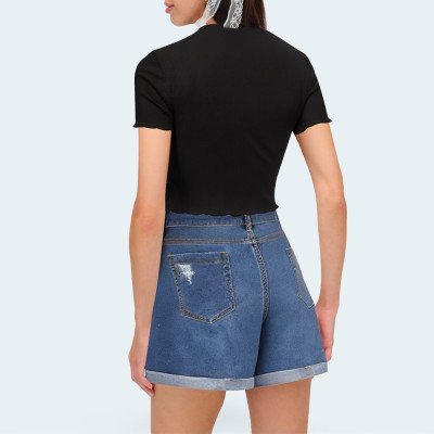Stylish rolled hem ripped women's denim shorts