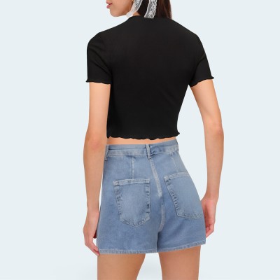 Washed and faded asymmetrical women's denim shorts