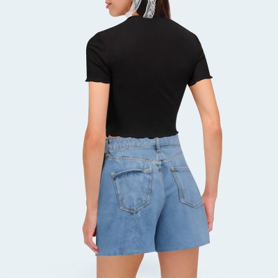 Washed slit straight leg women's denim shorts