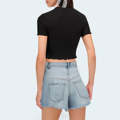 Women's washed rhinestone raw edge denim shorts