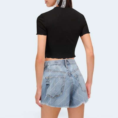 Rhinestone plaid raw edge women's denim shorts