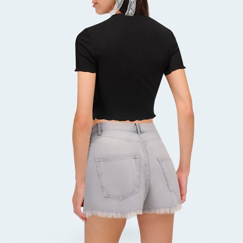 Gray rhinestone raw edge women's denim shorts