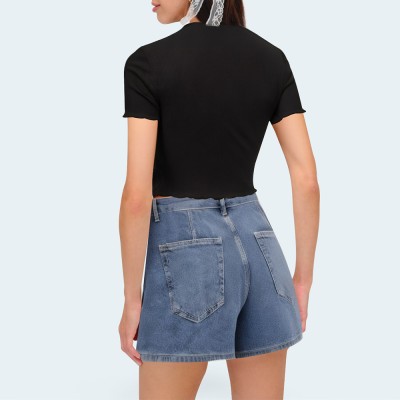Retro asymmetrical high waisted women's denim shorts
