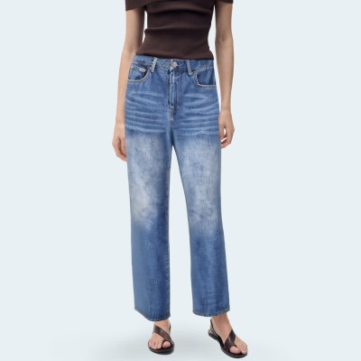 Washed faded mid-rise women's denim trousers
