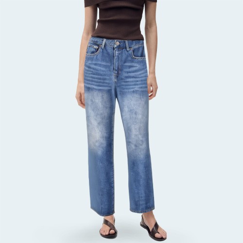 Washed faded mid-rise women's denim trousers