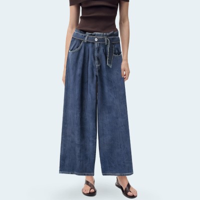 Blue loose belted women's denim trousers