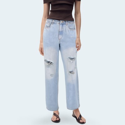 Women's ripped high-waisted loose denim trousers