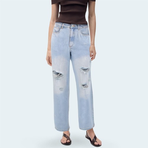Women's ripped high-waisted loose denim trousers