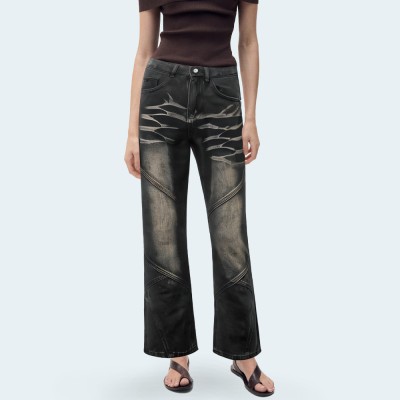 Washed casual women's flared denim trousers