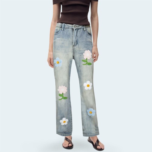Women's embroidered floral straight-leg denim trousers