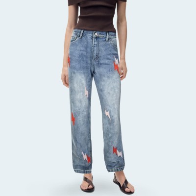 Lightning embroidered straight-leg women's denim trousers