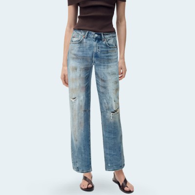 Women's washed ripped loose denim trousers