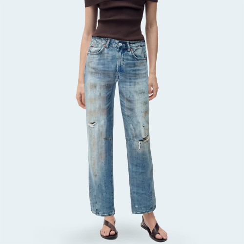 Women's washed ripped loose denim trousers