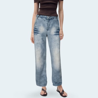 Retro washed straight leg women's denim trousers